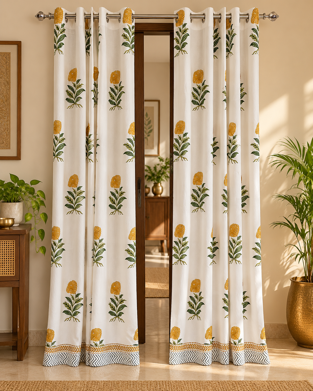 Handblock Printed Cotton Door Curtain - Sunehri Genda