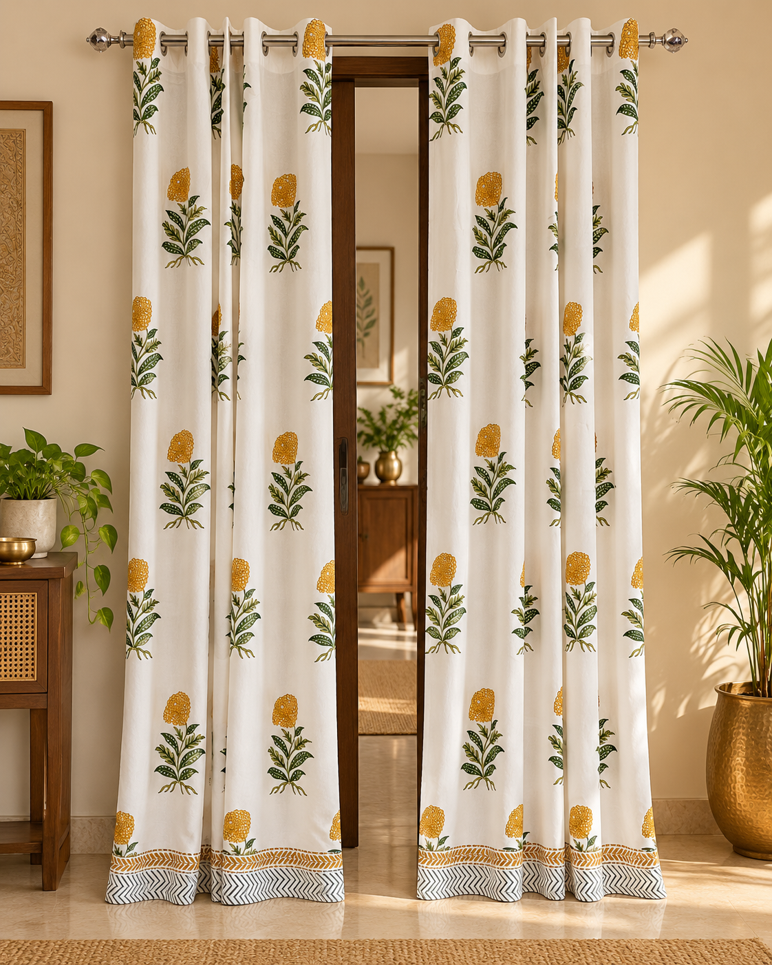 Handblock Printed Cotton Door Curtain - Sunehri Genda
