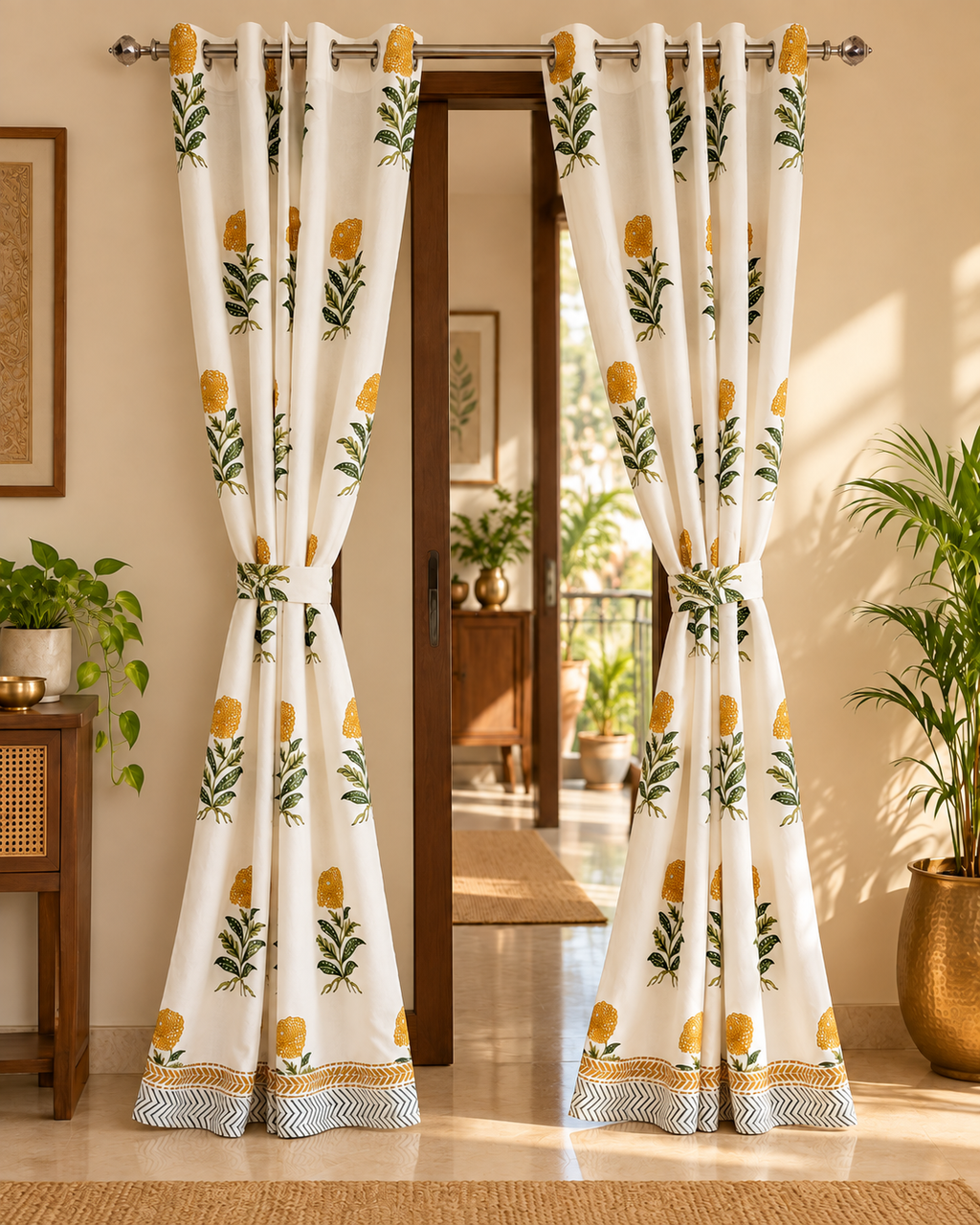 Handblock Printed Cotton Door Curtain - Sunehri Genda