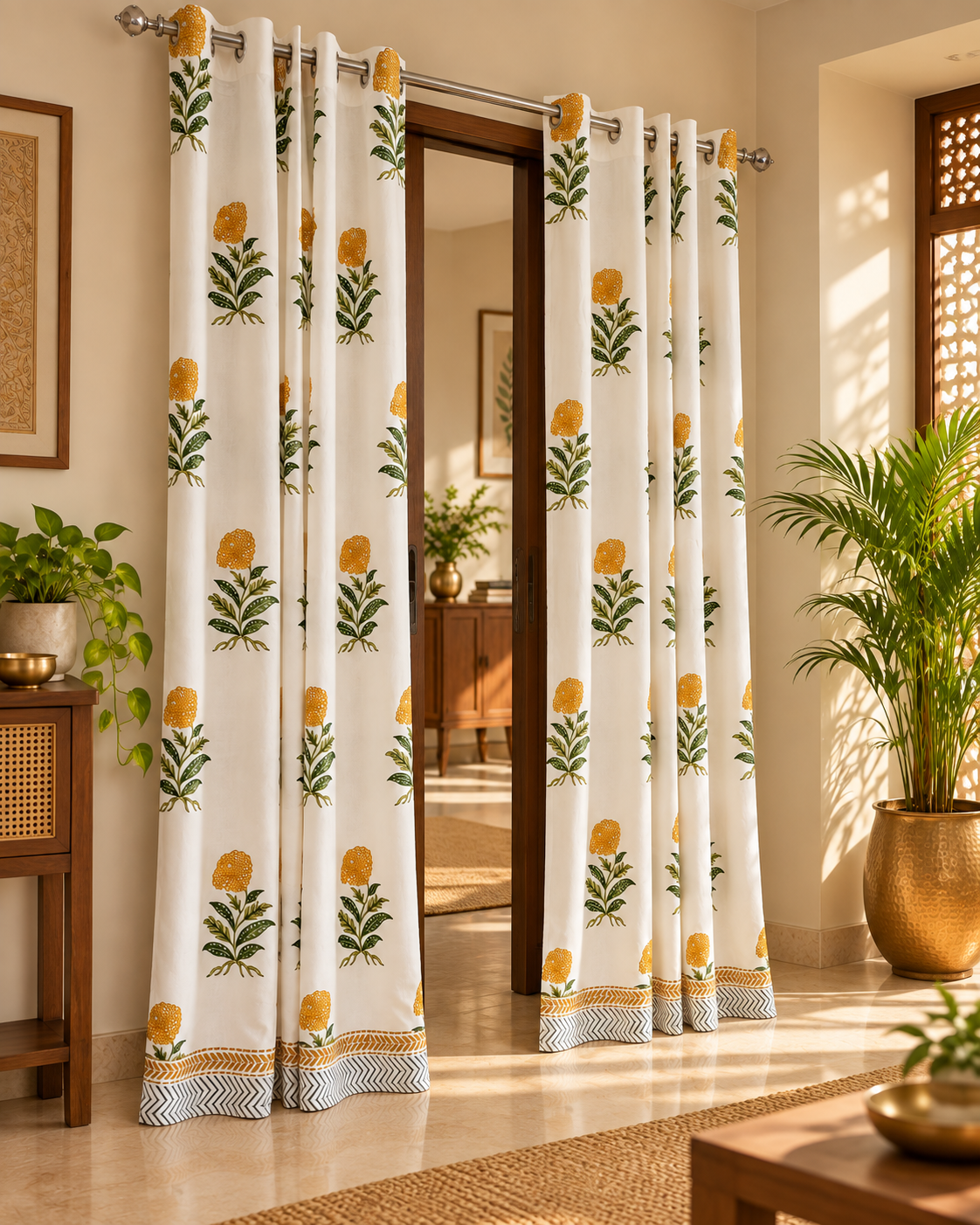 Handblock Printed Cotton Door Curtain - Sunehri Genda