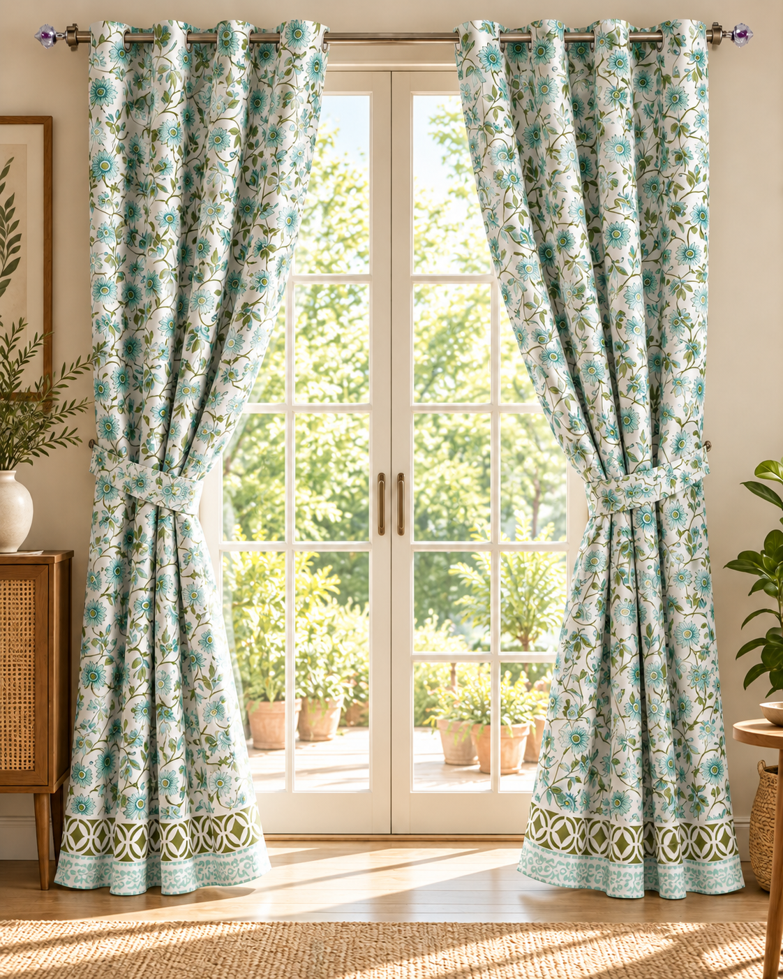 Handblock Printed Cotton Door Curtain - Firoza Bel