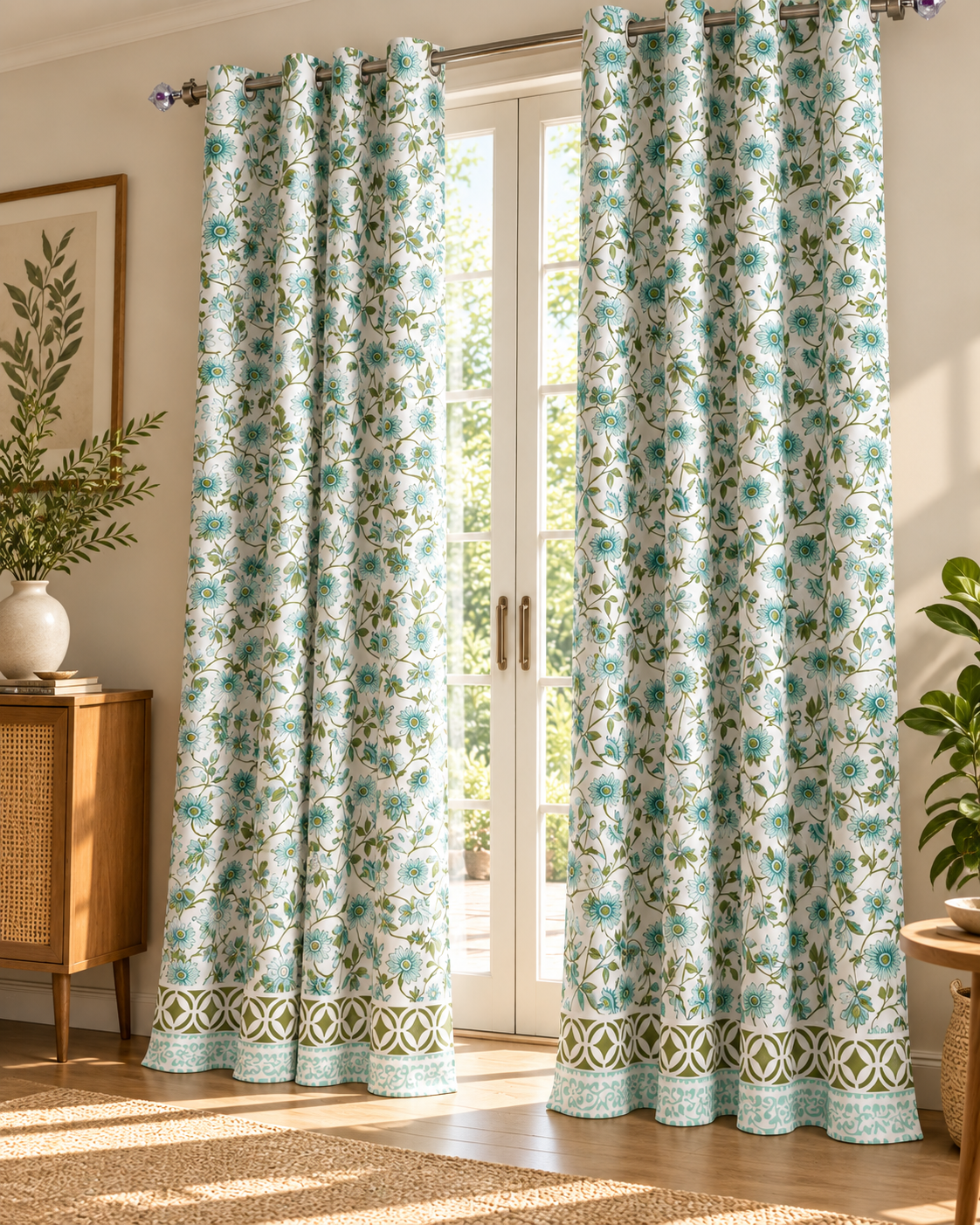 Handblock Printed Cotton Door Curtain - Firoza Bel