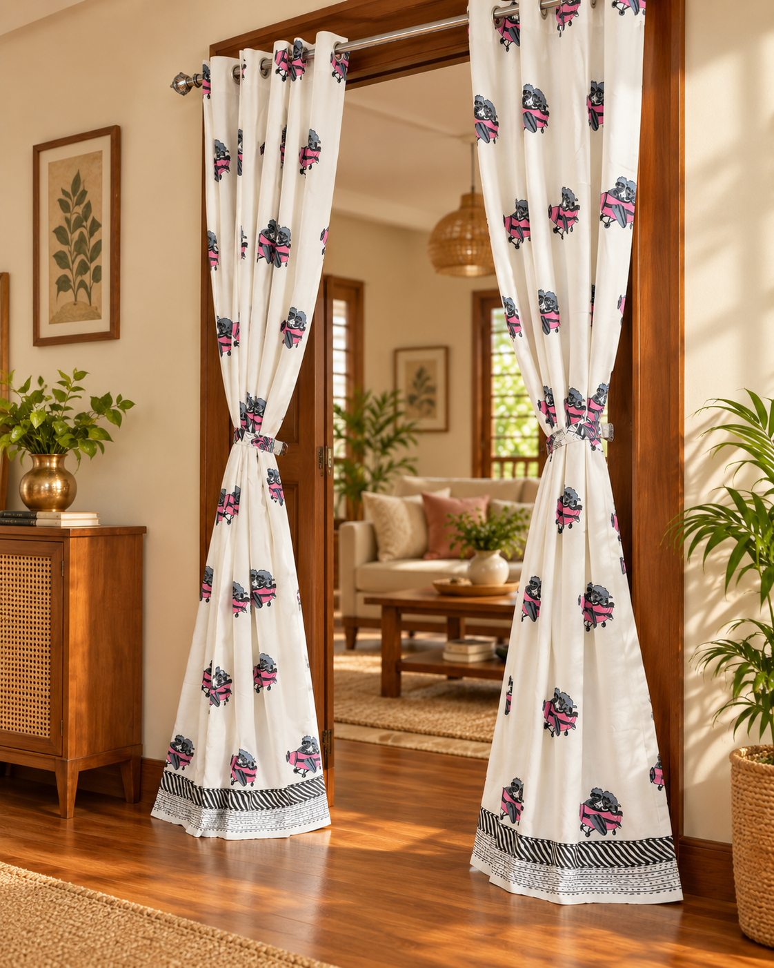 Handblock Printed Cotton Door Curtain - Gulabi Rail