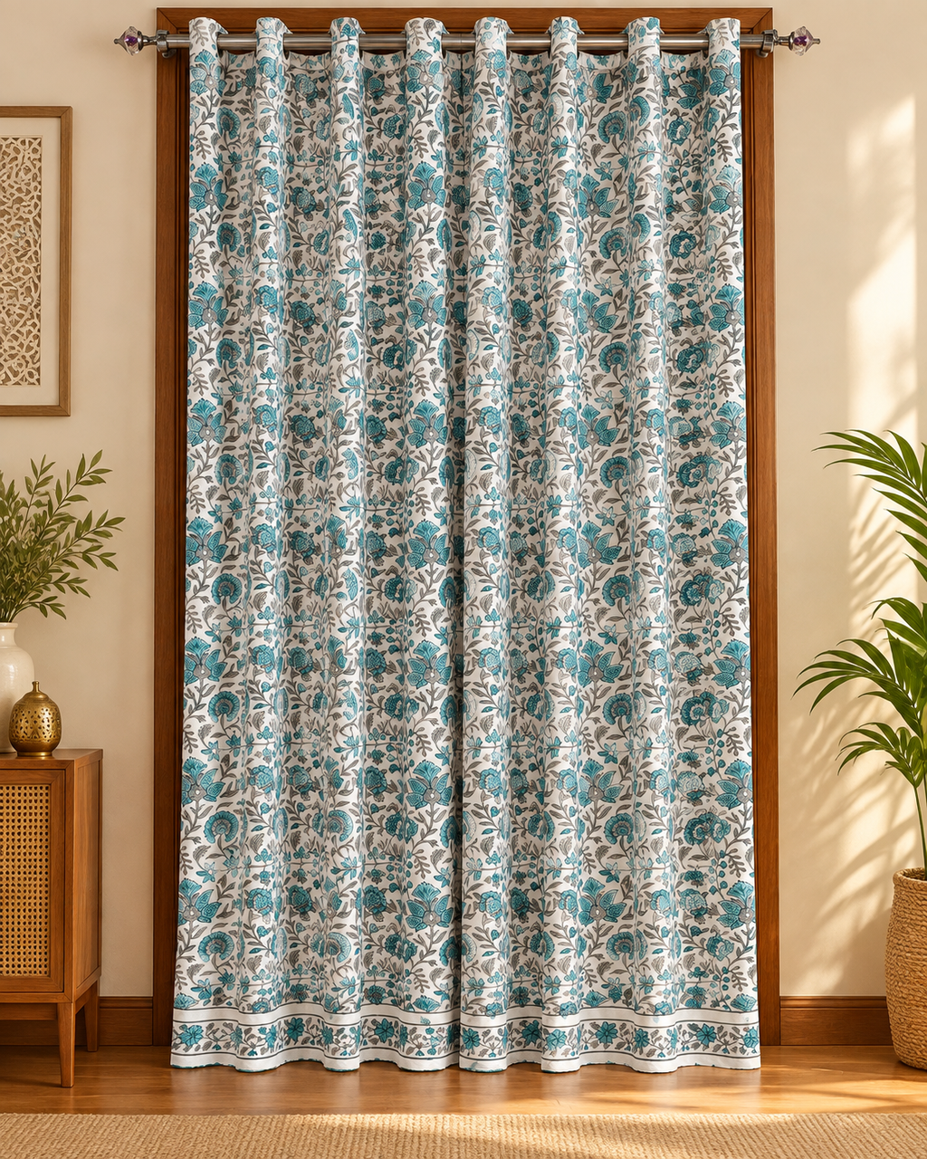 Handblock Printed Cotton Door Curtain - Neel Gulistan