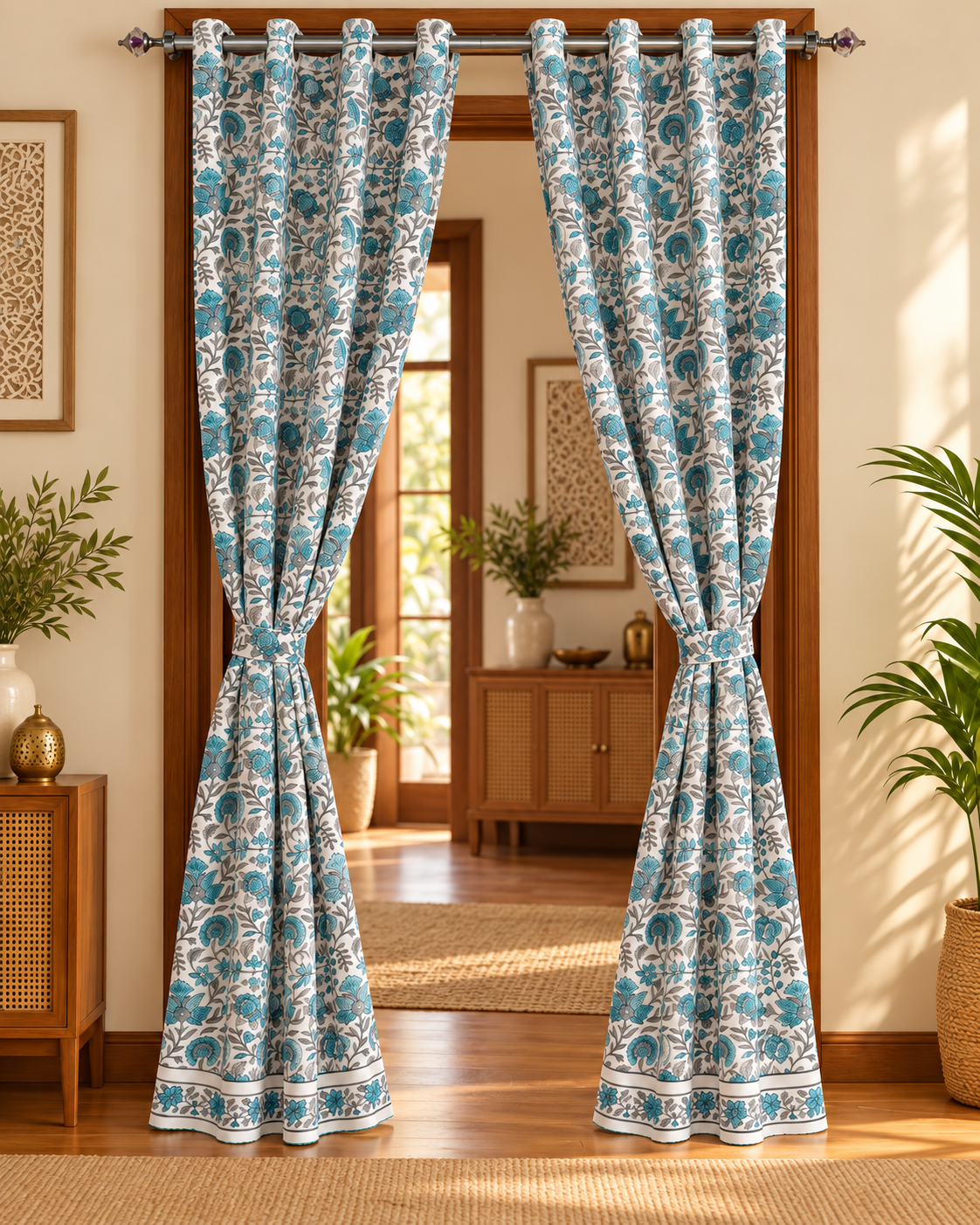 Handblock Printed Cotton Door Curtain - Neel Gulistan
