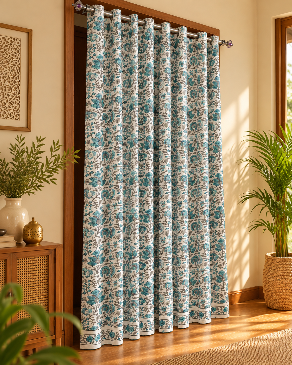 Handblock Printed Cotton Door Curtain - Neel Gulistan