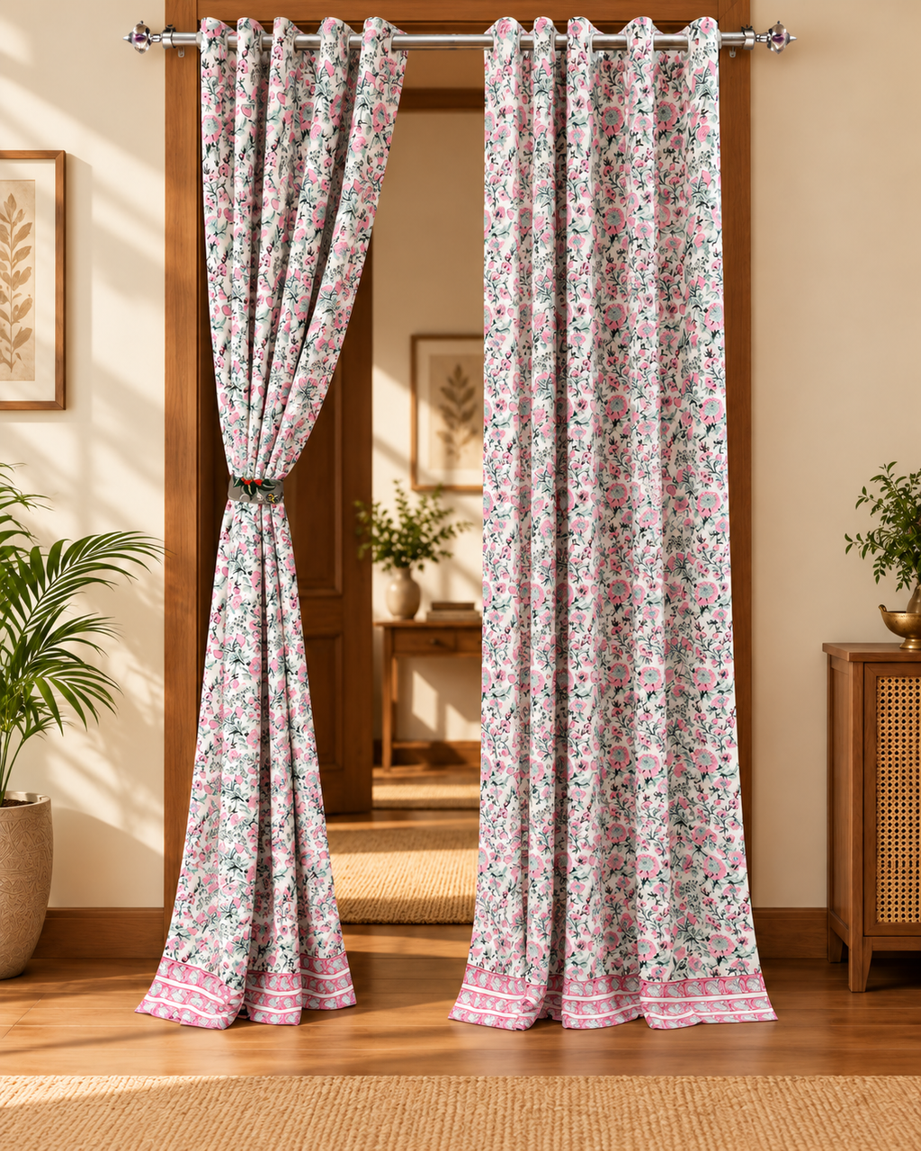 Handblock Printed Cotton Door Curtain - Gulabi Bagh