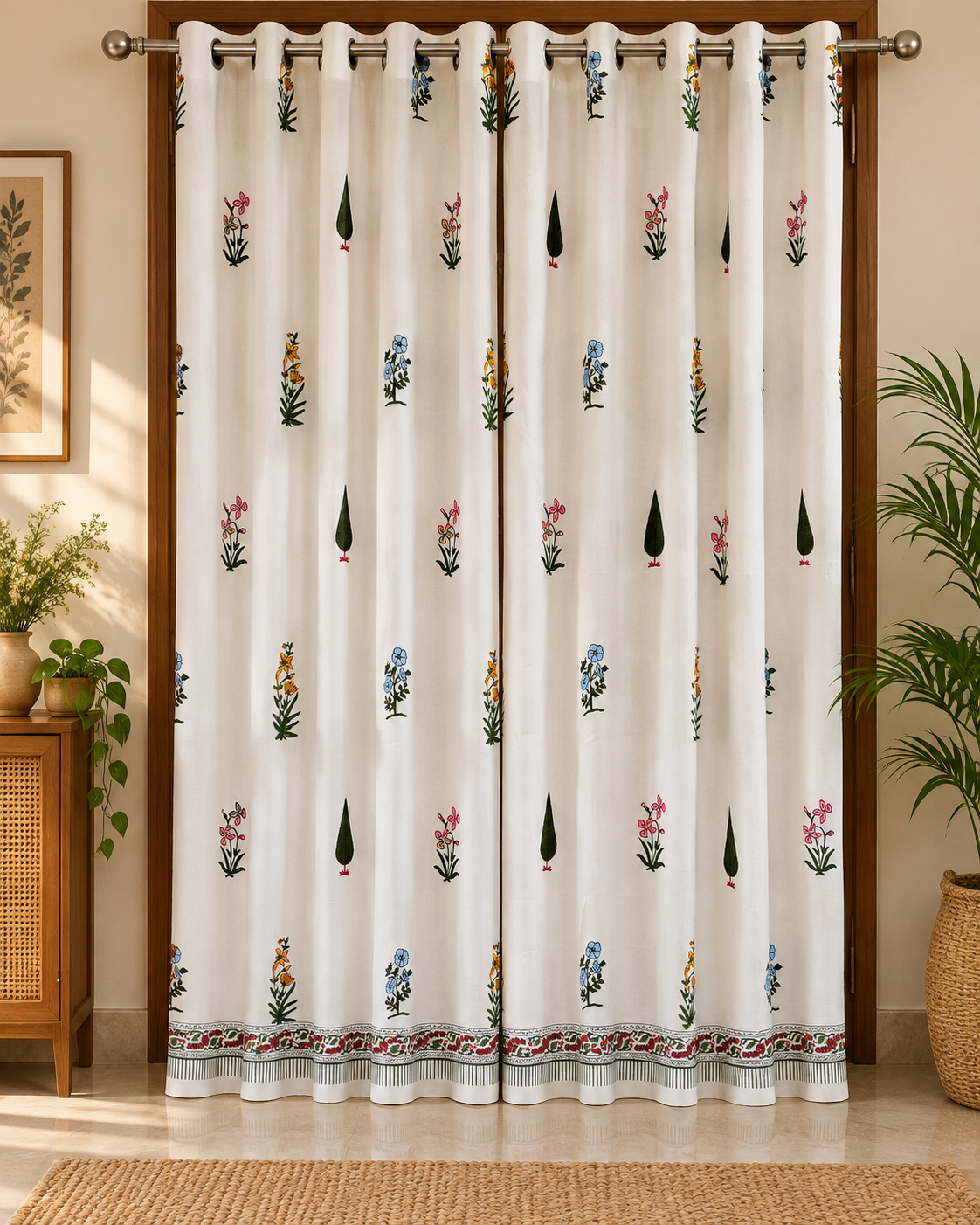 Handblock Printed Cotton Door Curtain - Gulabi Kali