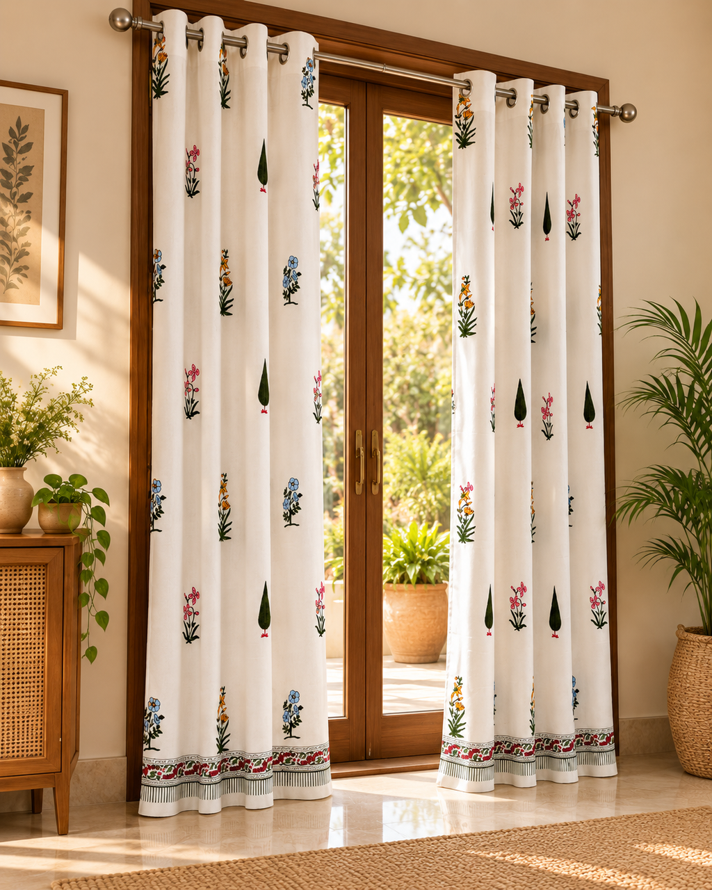 Handblock Printed Cotton Door Curtain - Gulabi Kali