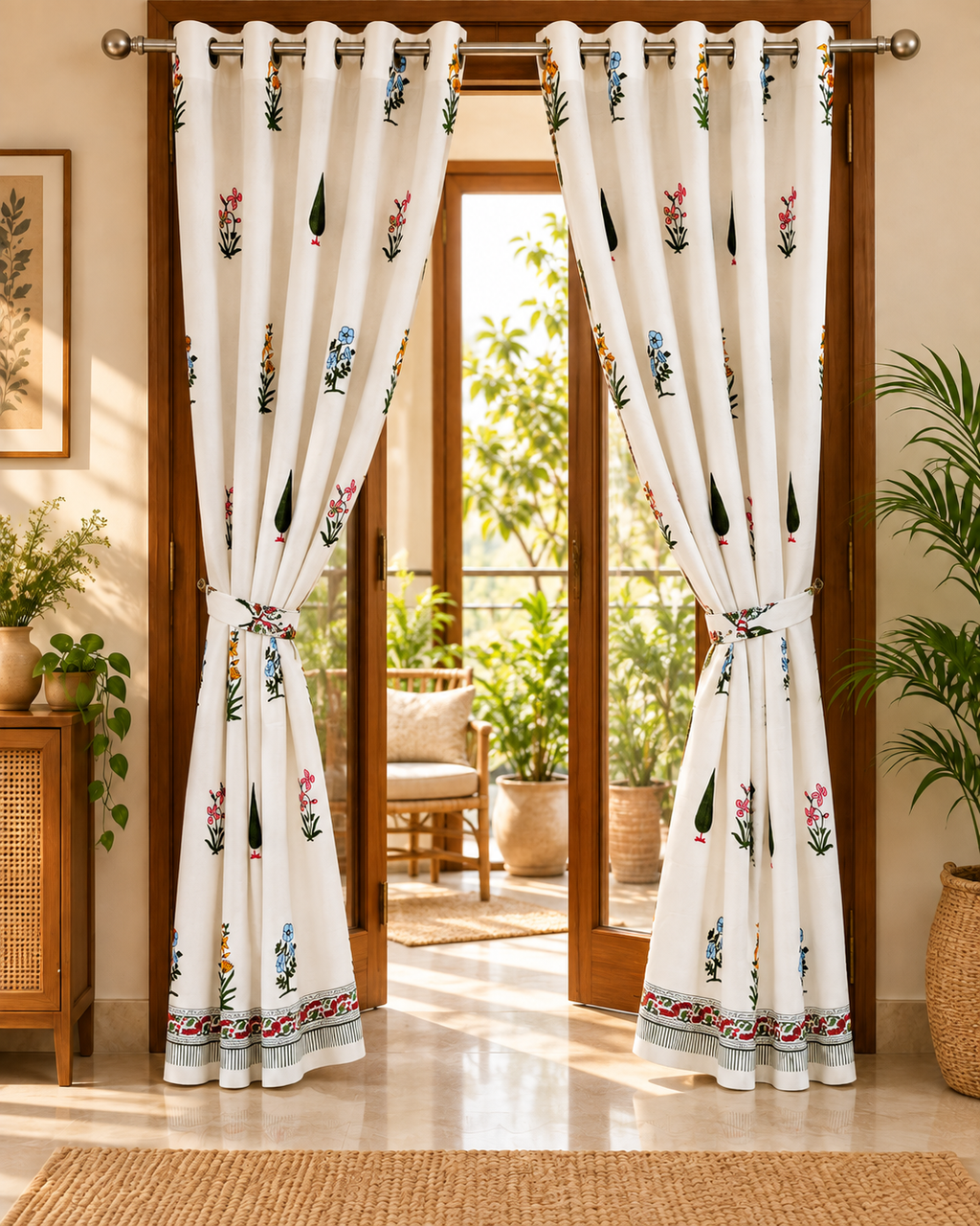 Handblock Printed Cotton Door Curtain - Gulabi Kali