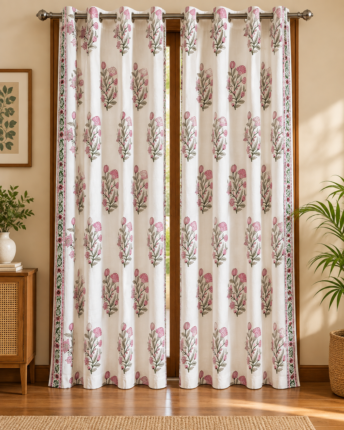 Handblock Printed Cotton Door Curtain - Gulabi Bahaar