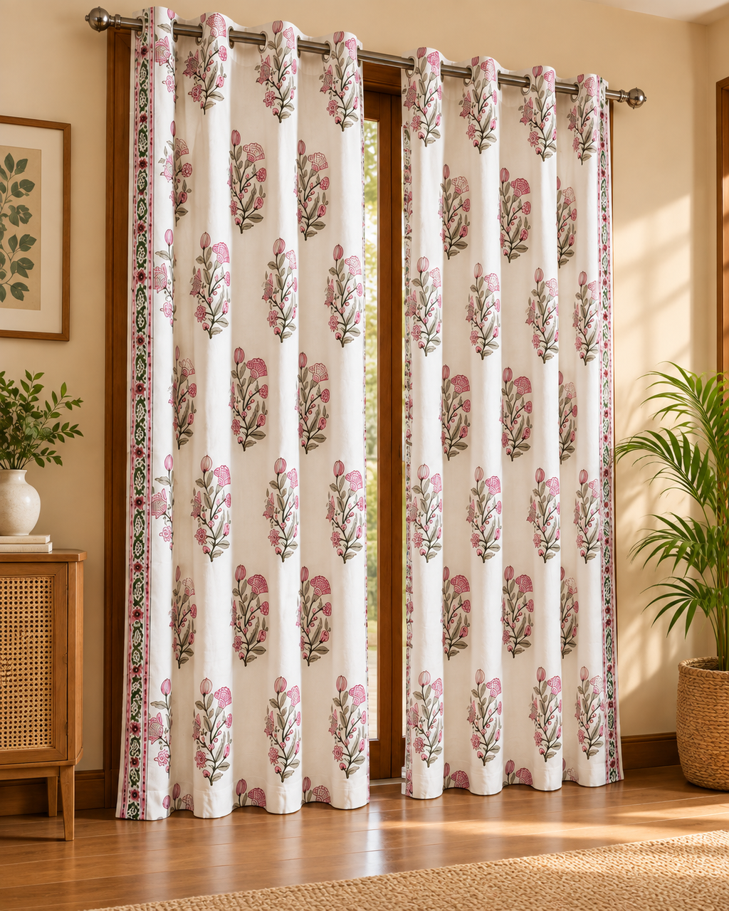 Handblock Printed Cotton Door Curtain - Gulabi Bahaar