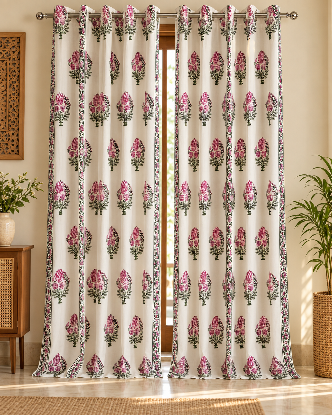 Handblock Printed Cotton Door Curtain - Gulabi Gulmohar