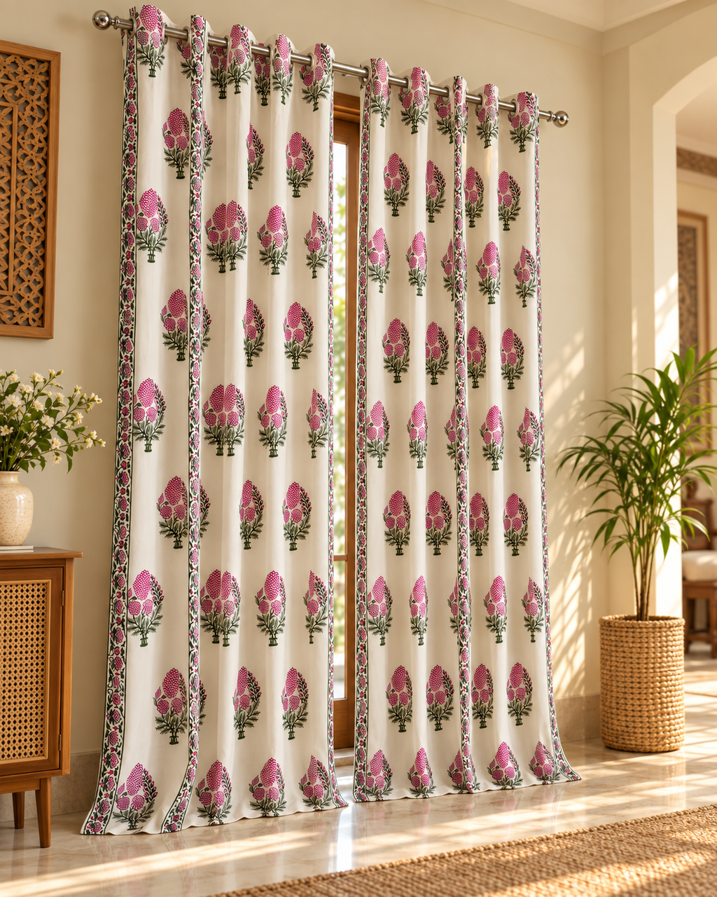 Handblock Printed Cotton Door Curtain - Gulabi Gulmohar