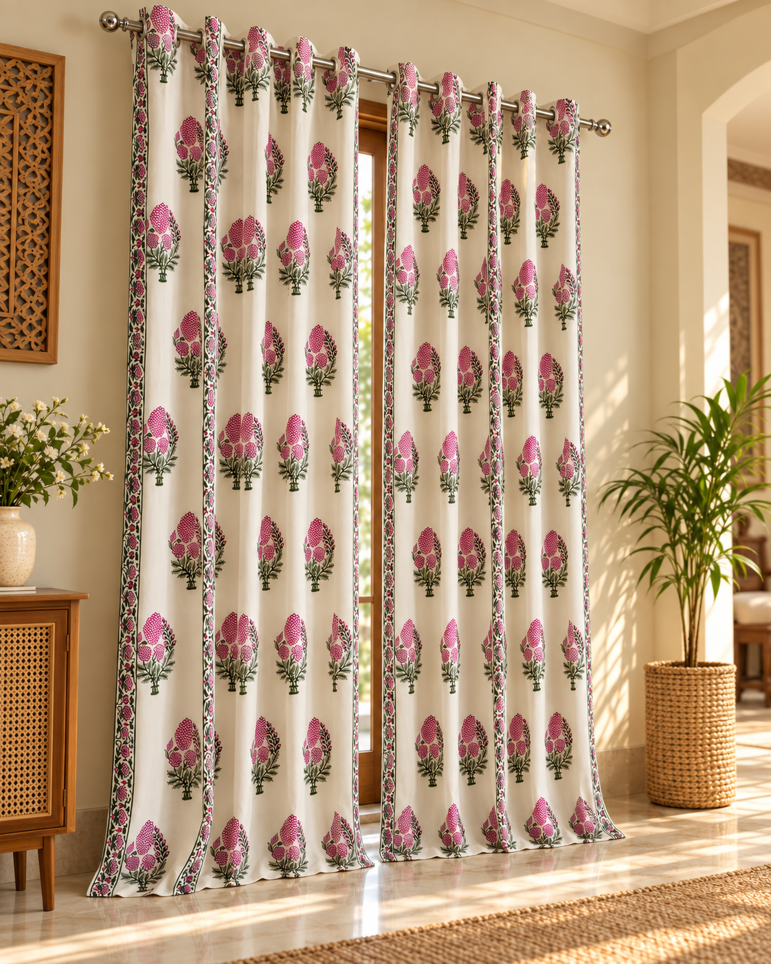 Handblock Printed Cotton Door Curtain - Gulabi Gulmohar