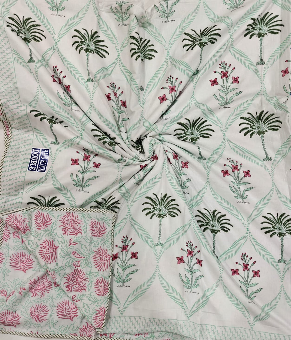 Handblock Printed Mulmul King Double Dohar - Palm Blossom