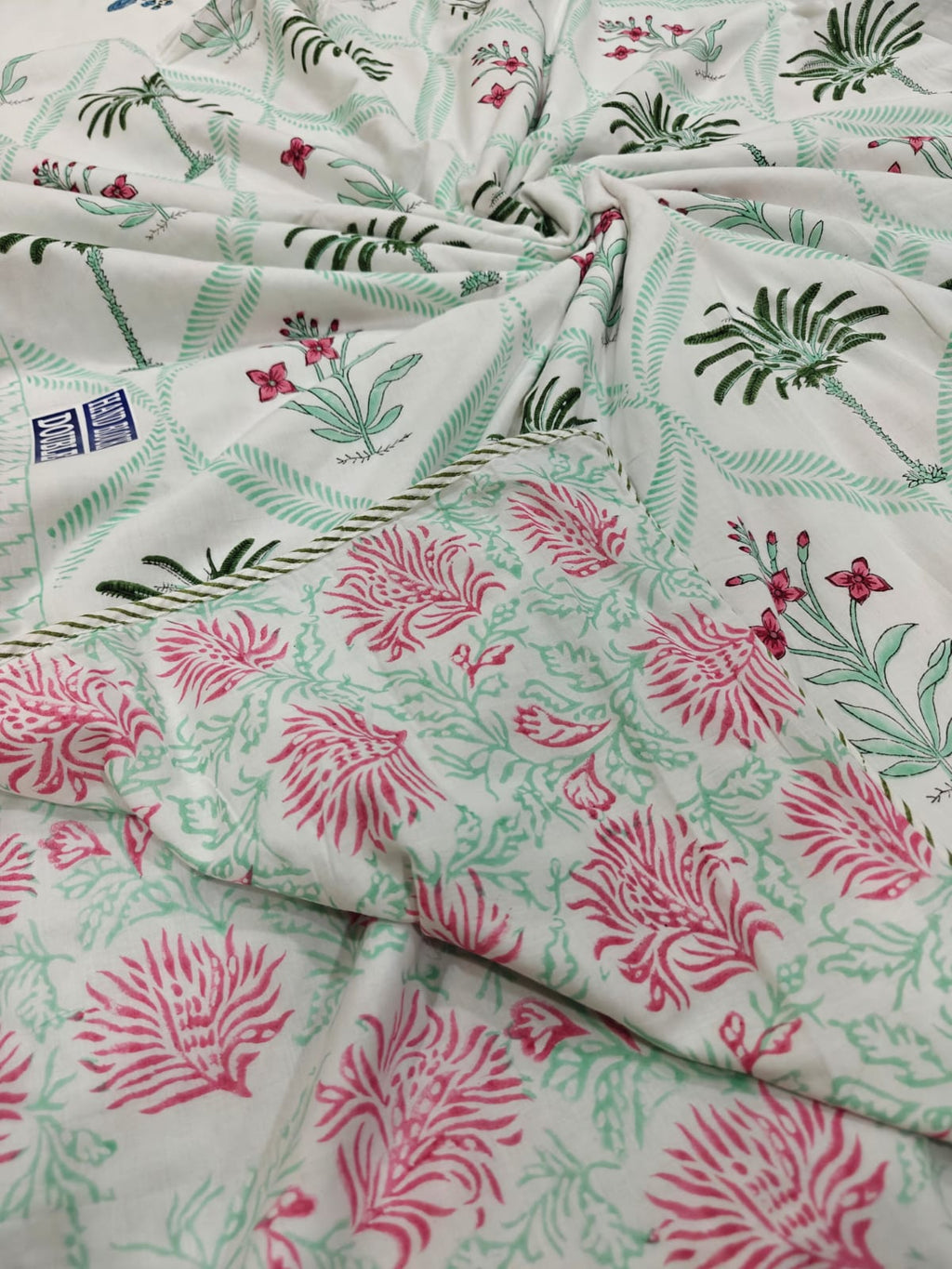 Handblock Printed Mulmul King Double Dohar - Palm Blossom