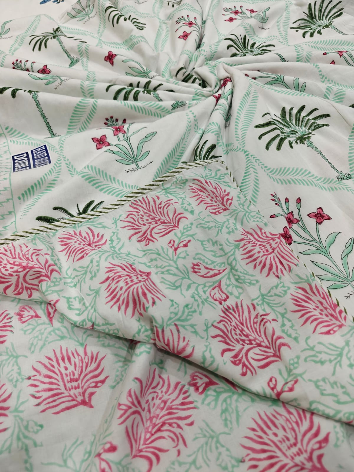 Handblock Printed Mulmul King Double Dohar - Palm Blossom