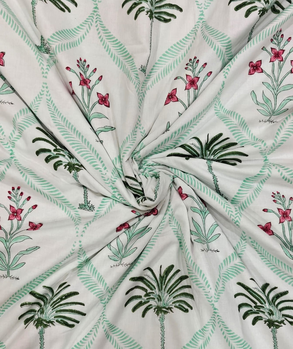 Handblock Printed Mulmul King Double Dohar - Palm Blossom