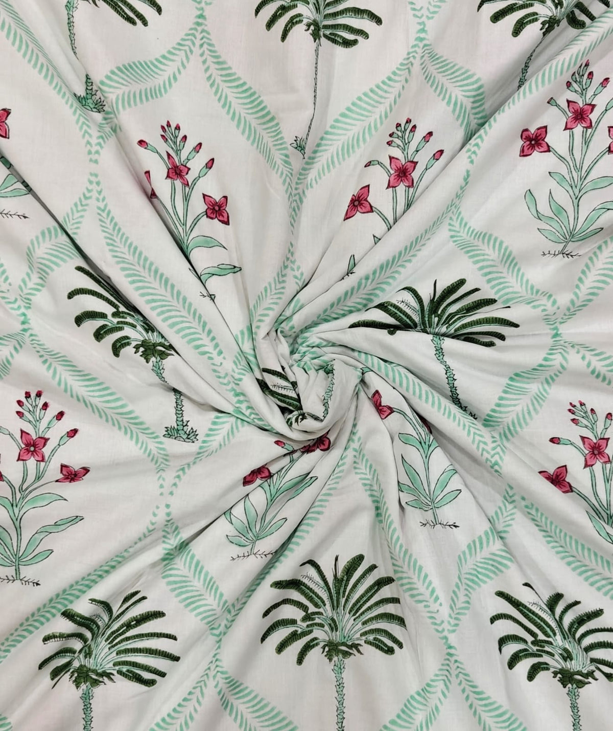 Handblock Printed Mulmul King Double Dohar - Palm Blossom