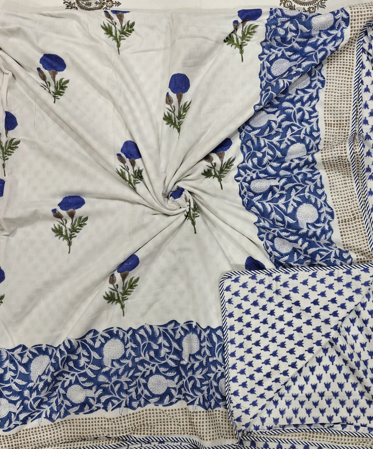 Handblock Printed Mulmul King Double Dohar - Neel Gul