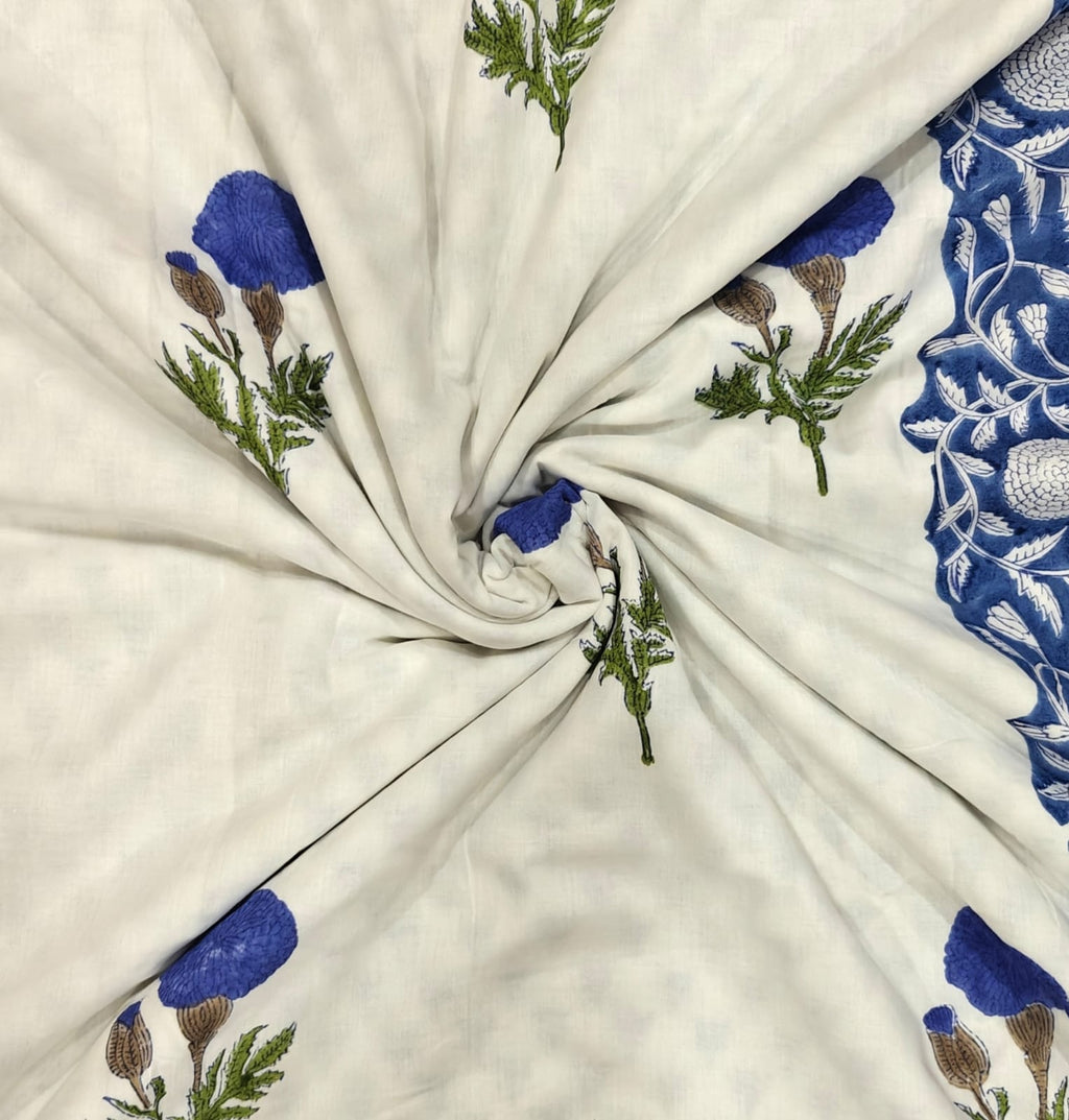 Handblock Printed Mulmul King Double Dohar - Neel Gul
