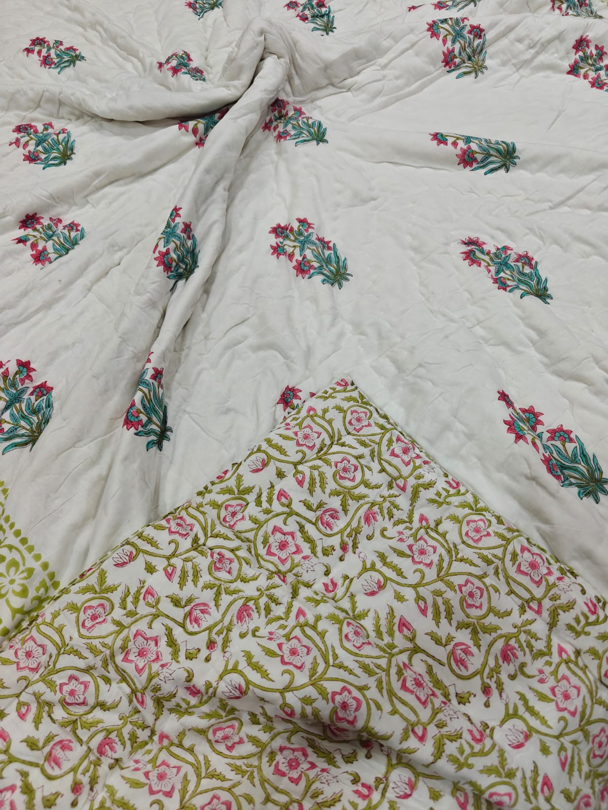 Premium Reversible Handblock Printed Mulmul King Quilt - Meher Bagh