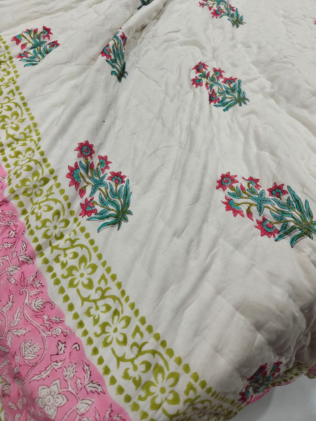 Premium Reversible Handblock Printed Mulmul King Quilt - Meher Bagh