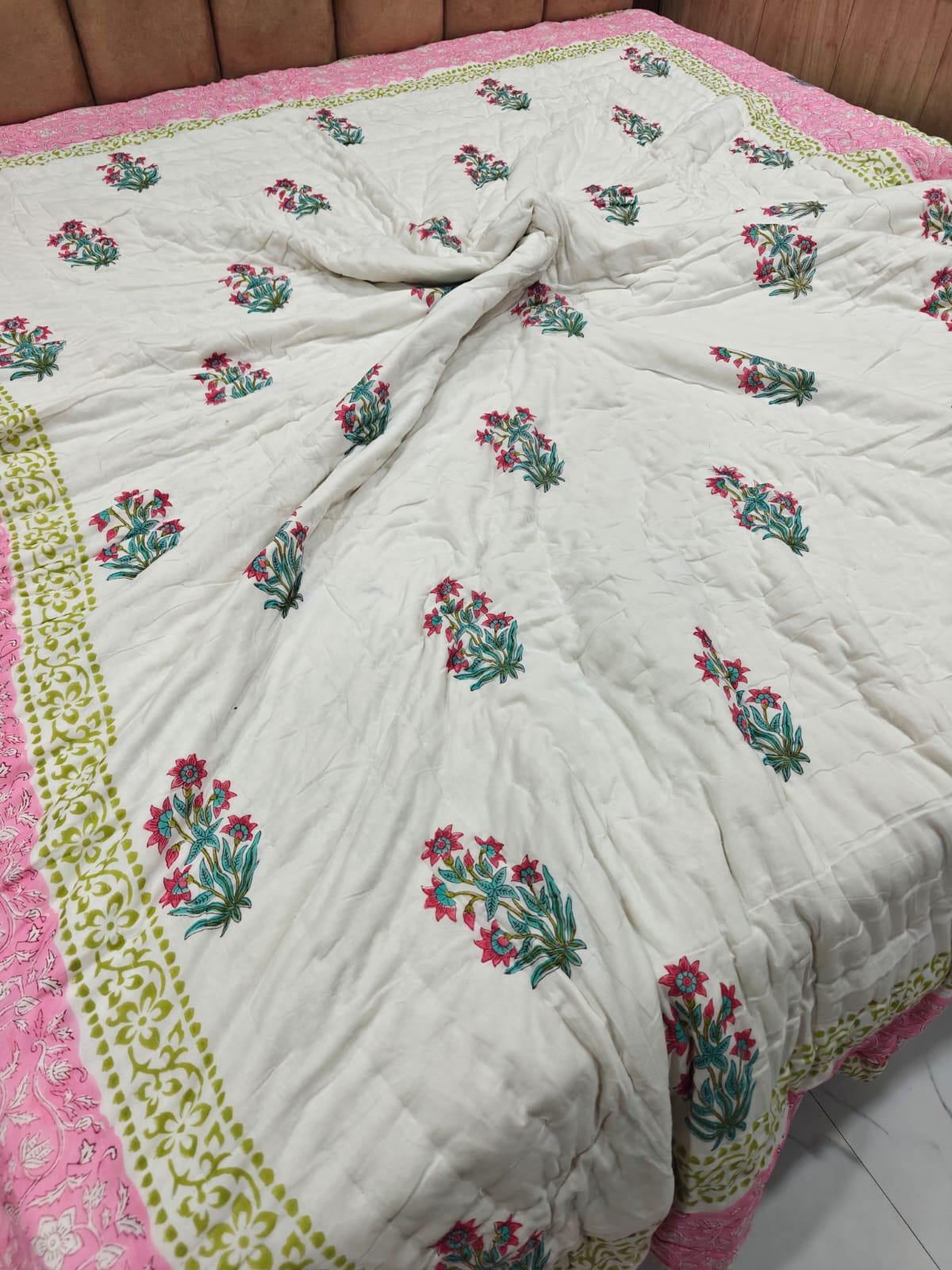 Premium Reversible Handblock Printed Mulmul King Quilt - Meher Bagh