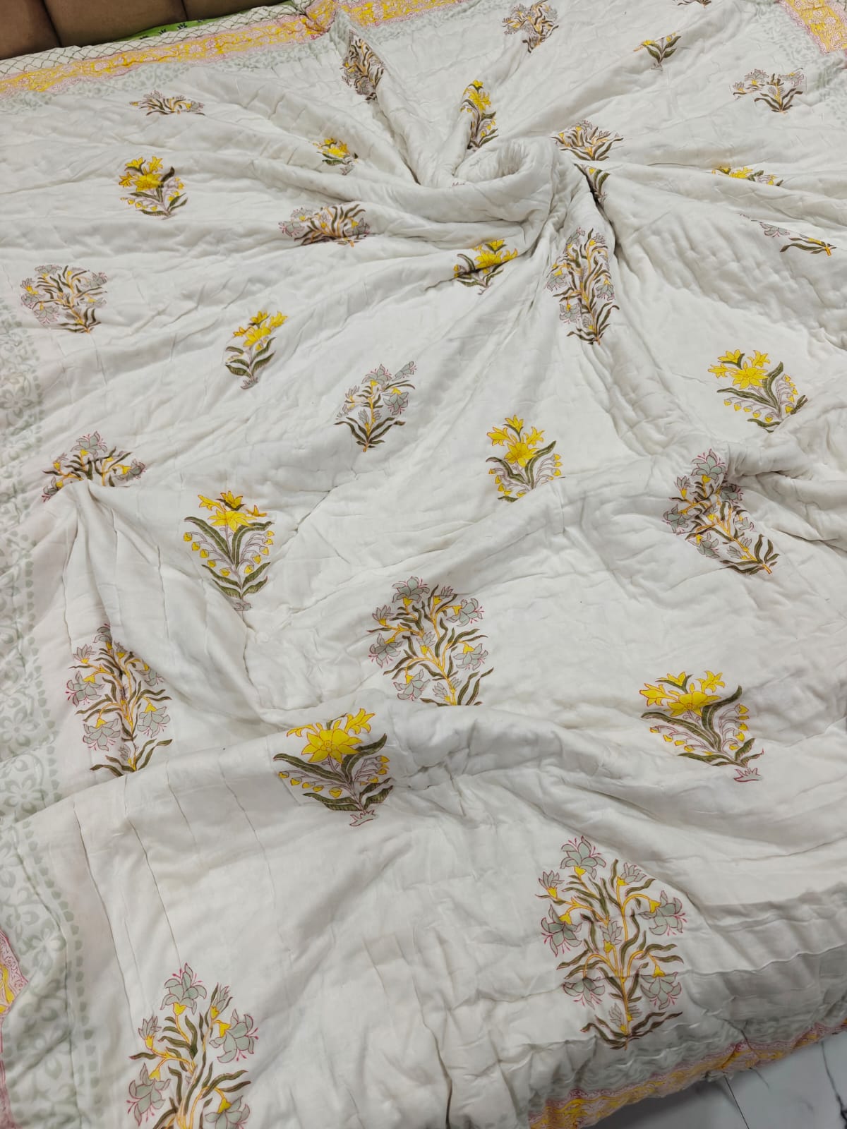 Premium Reversible Handblock Printed Mulmul King Quilt - Basant Noor