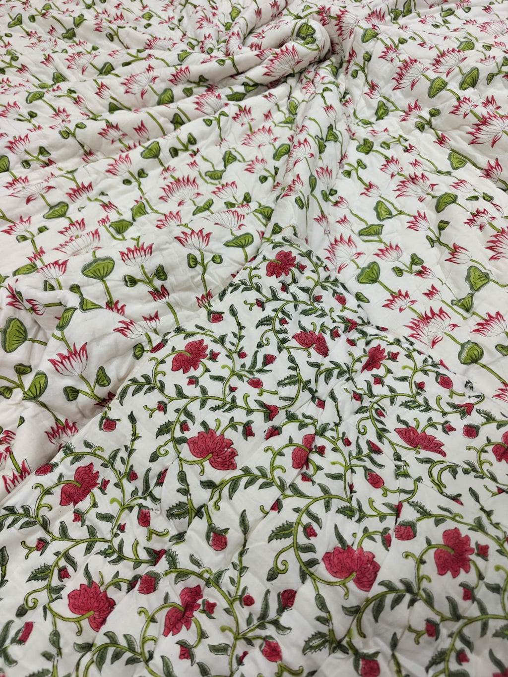 Premium Reversible Handblock Printed Mulmul King Quilt - Padma Gul
