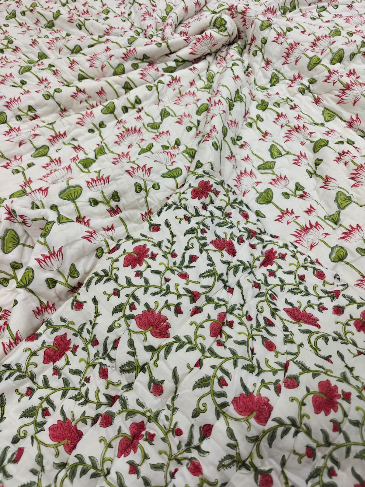 Premium Reversible Handblock Printed Mulmul King Quilt - Padma Gul