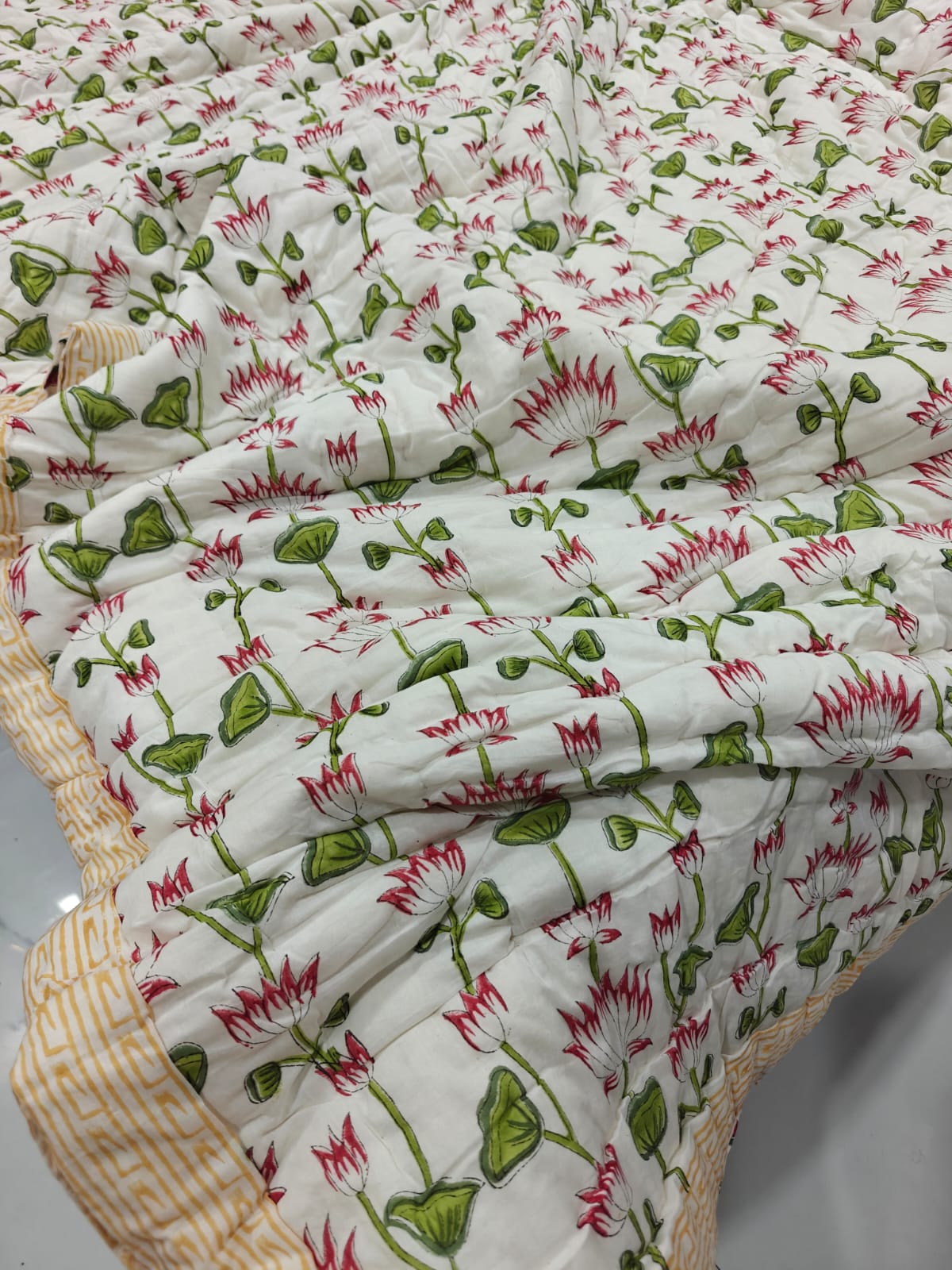 Premium Reversible Handblock Printed Mulmul King Quilt - Padma Gul