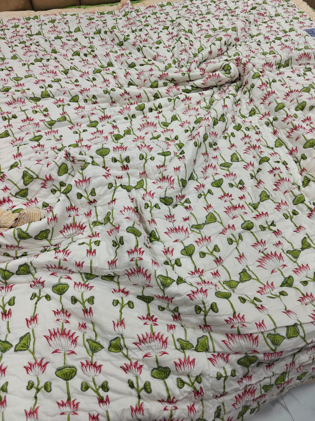 Premium Reversible Handblock Printed Mulmul King Quilt - Padma Gul