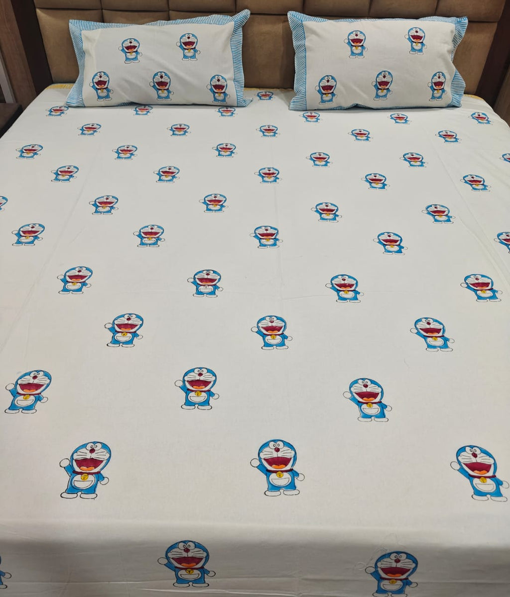 Kids 100% Cotton 250 TC King Bedsheet Set - Blue Buddy Bloom