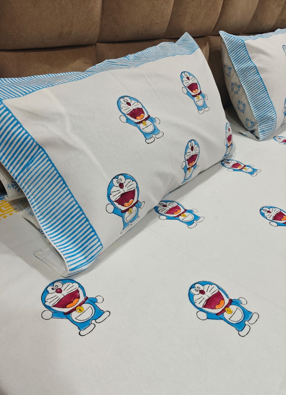 Kids 100% Cotton 250 TC King Bedsheet Set - Blue Buddy Bloom