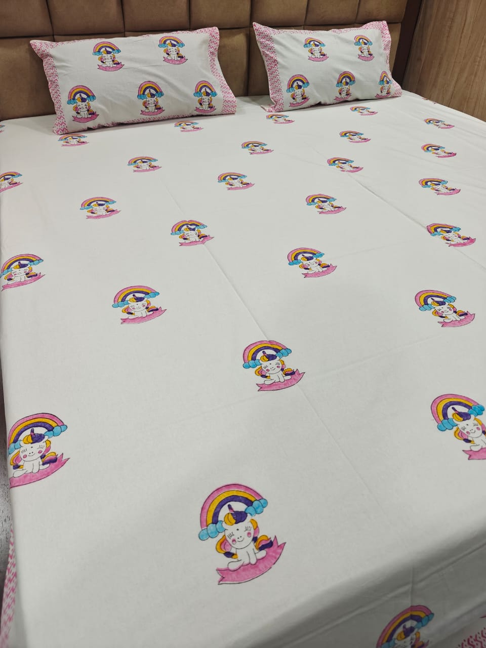 Kids 100% Cotton 250 TC King Bedsheet Set - Unicorn Wishes