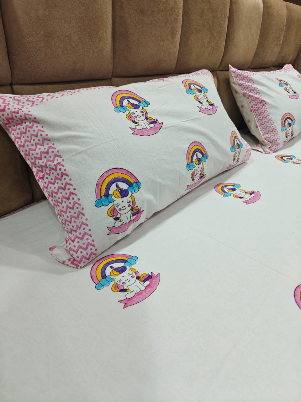 Kids 100% Cotton 250 TC King Bedsheet Set - Unicorn Wishes