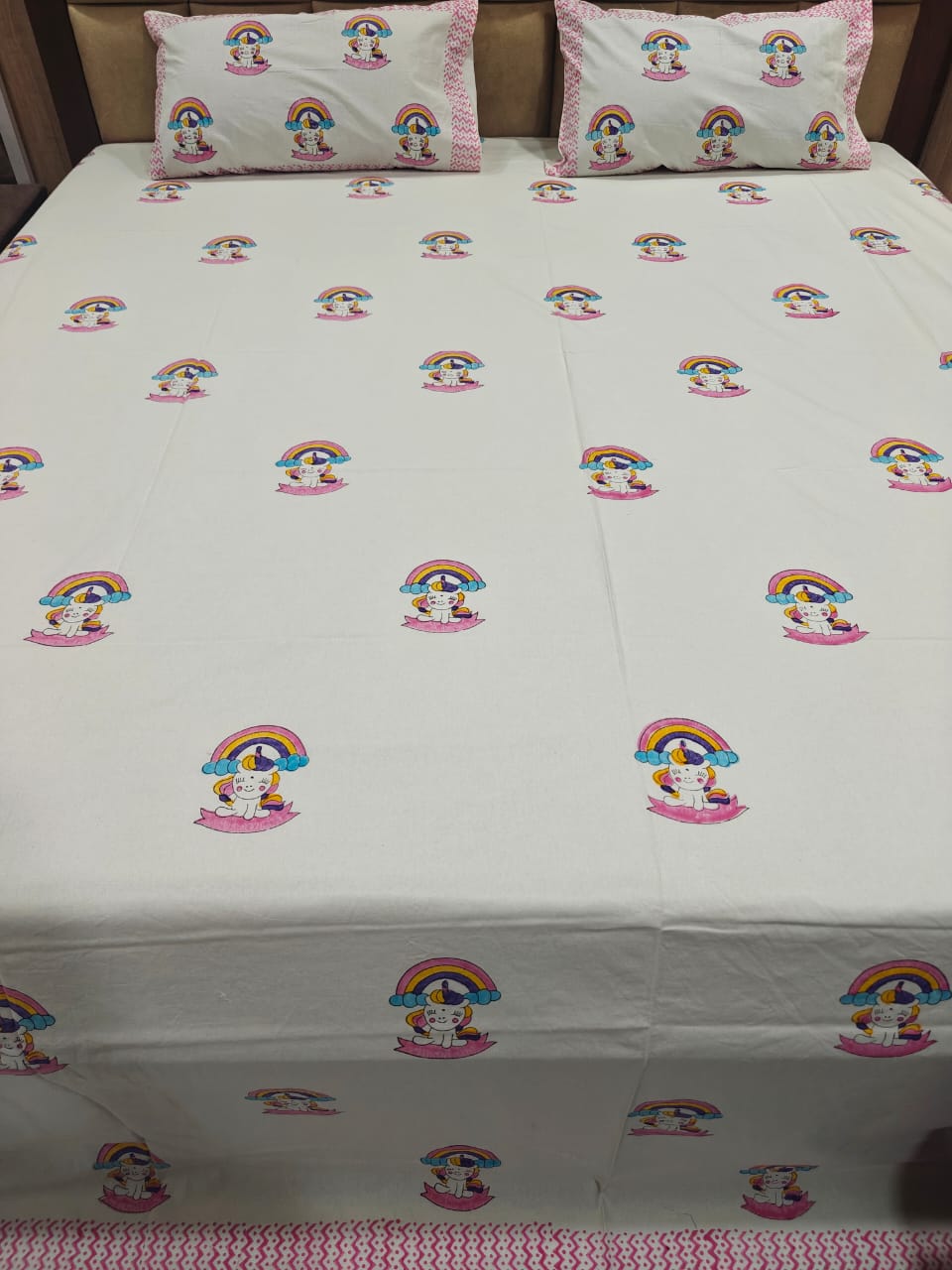 Kids 100% Cotton 250 TC King Bedsheet Set - Unicorn Wishes
