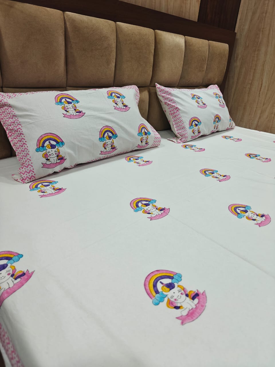 Kids 100% Cotton 250 TC King Bedsheet Set - Unicorn Wishes