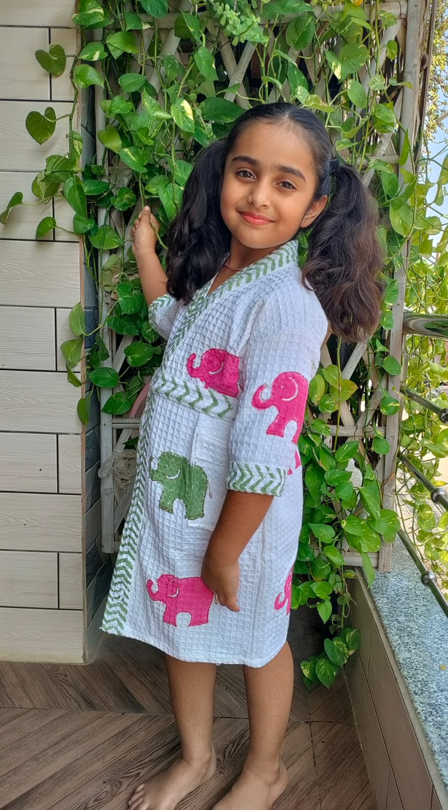 Kids Handblock Printed Waffle Cotton Bathrobe - Pink Ellie