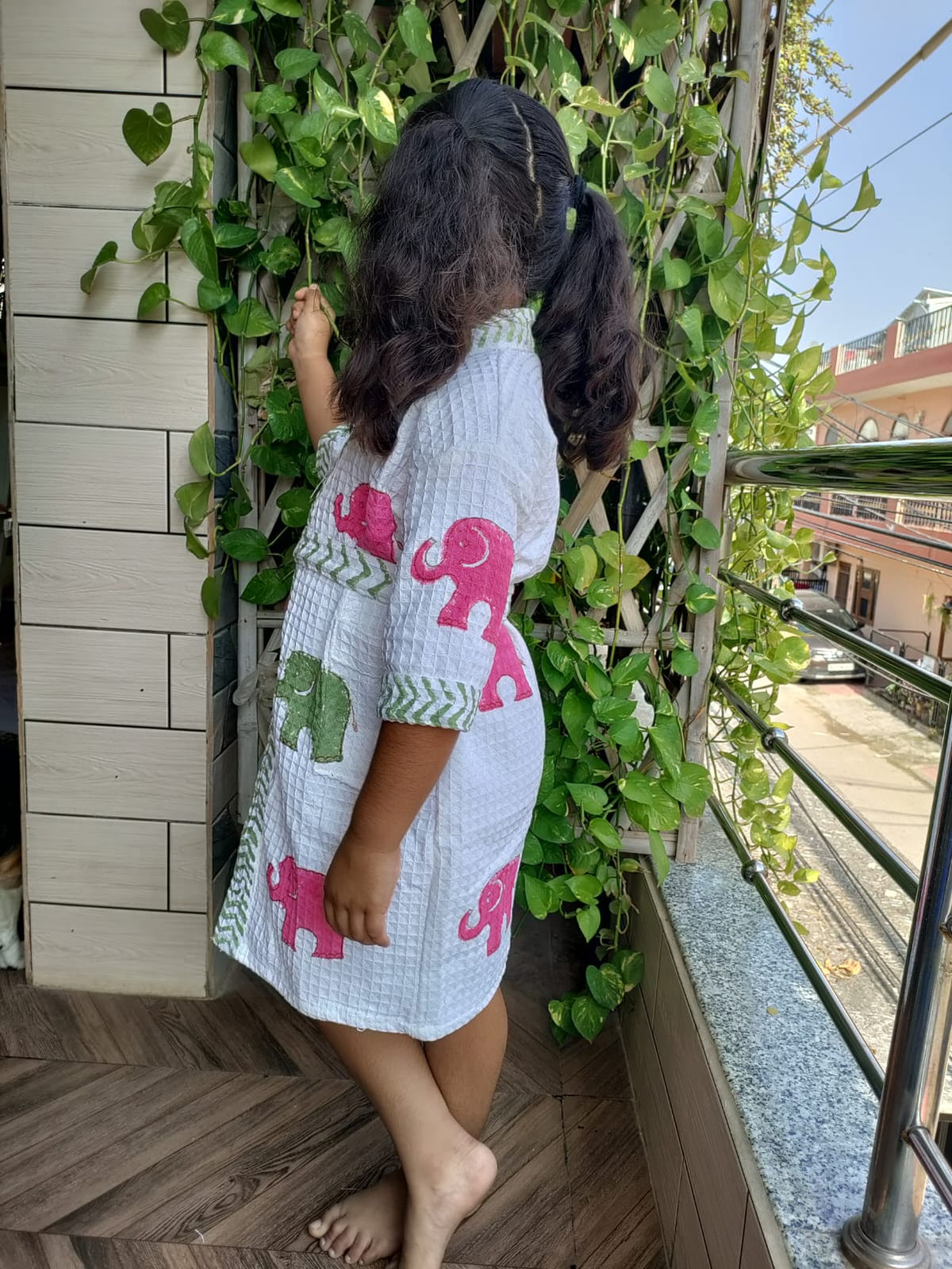 Kids Handblock Printed Waffle Cotton Bathrobe - Pink Ellie