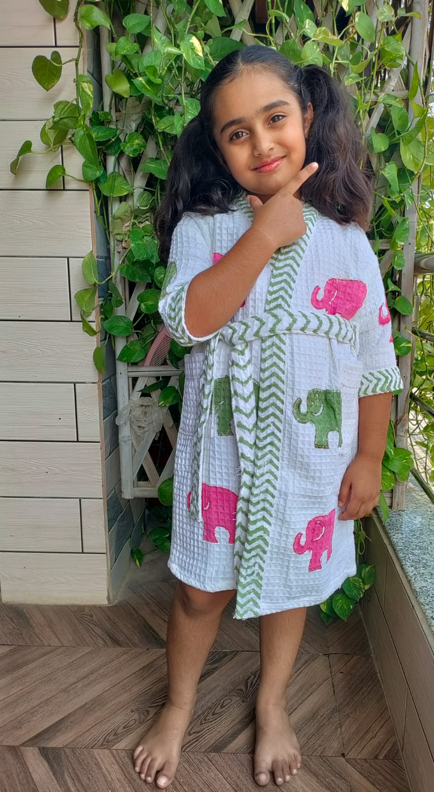 Kids Handblock Printed Waffle Cotton Bathrobe - Pink Ellie