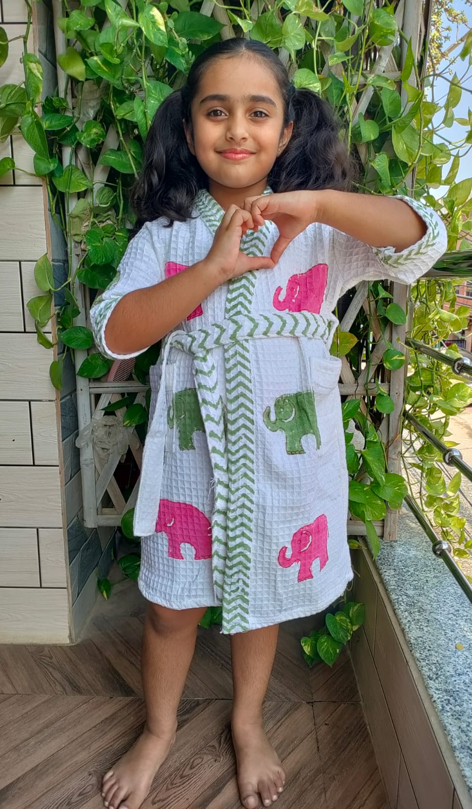 Kids Handblock Printed Waffle Cotton Bathrobe - Pink Ellie
