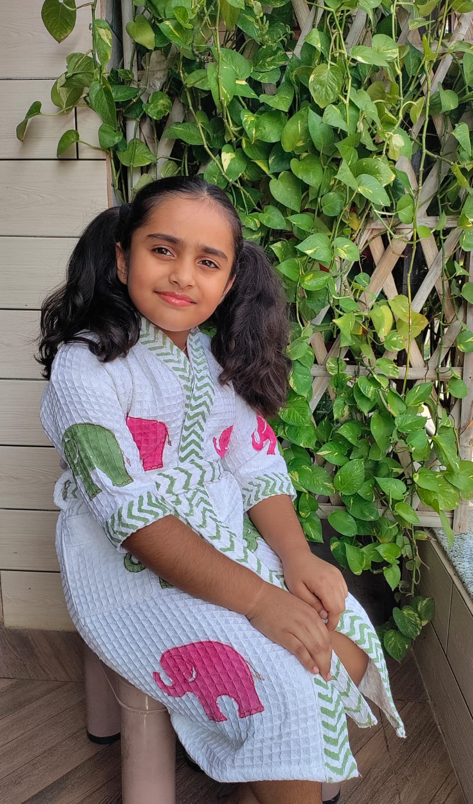 Kids Handblock Printed Waffle Cotton Bathrobe - Pink Ellie