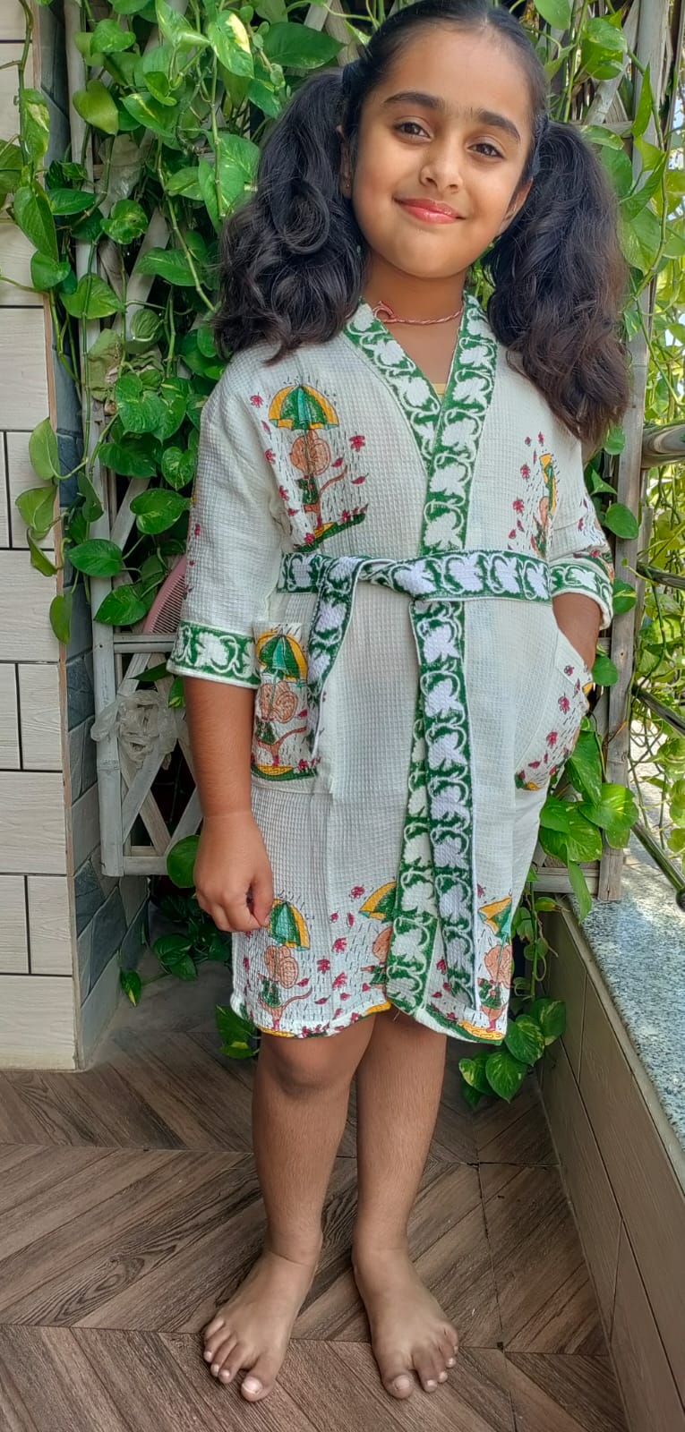 Kids Handblock Printed Waffle Cotton Bathrobe - Monsoon Ellie