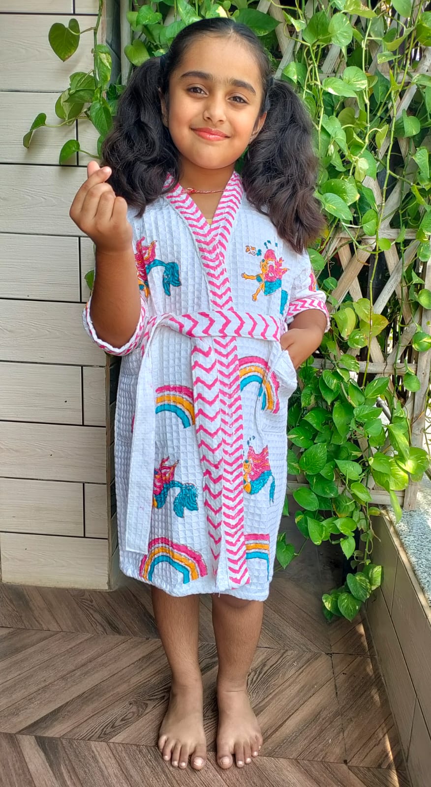 Kids Handblock Printed Waffle Cotton Bathrobe - Rainbow Smiles