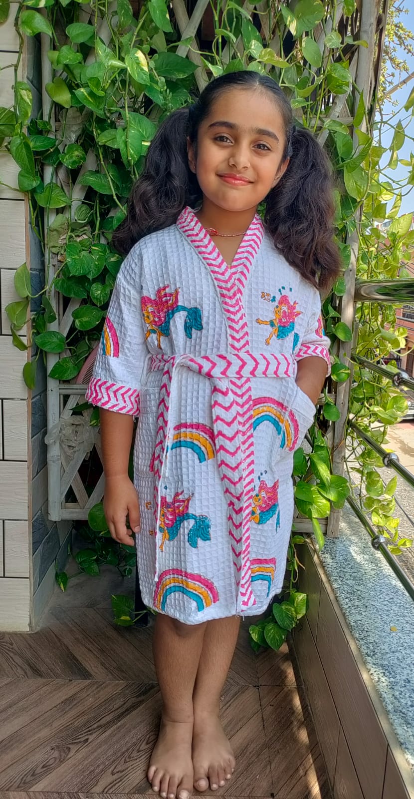 Kids Handblock Printed Waffle Cotton Bathrobe - Rainbow Smiles