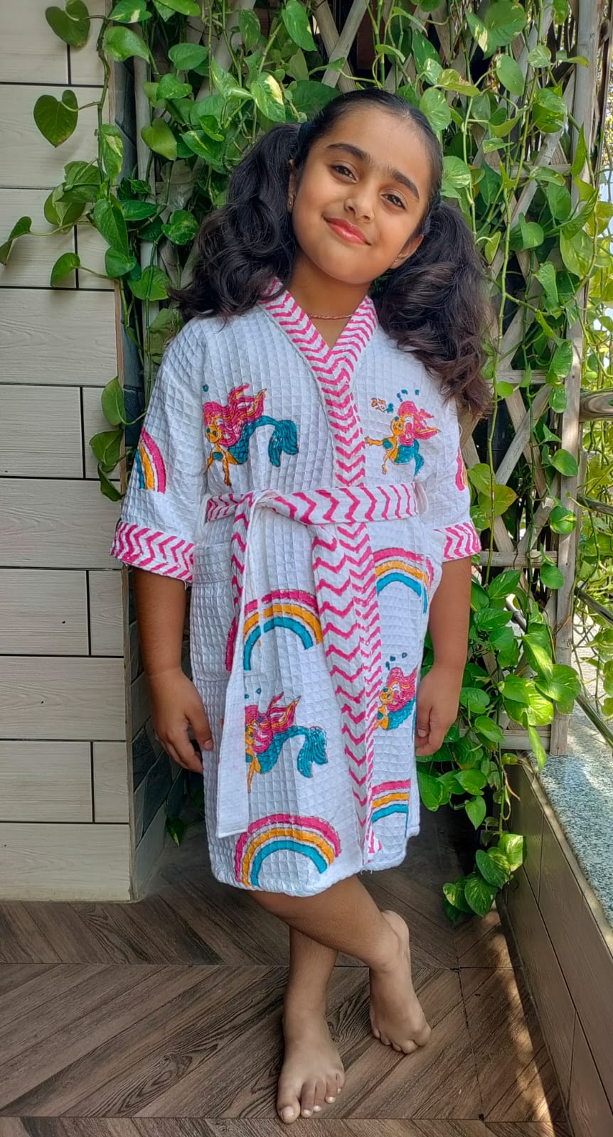 Kids Handblock Printed Waffle Cotton Bathrobe - Rainbow Smiles