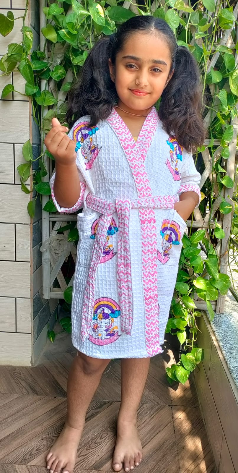 Kids Handblock Printed Waffle Cotton Bathrobe - Unicorn Wishes